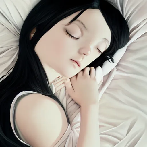 Prompt: little girl with an long black hair dressed in a simple white dress sleeping, anime art style, digital art ilya kuvshinov, inspired by balthus, hd, 4 k, hyper detailed, top view, dark, anatomically correct, angelic face