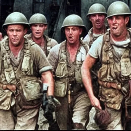 Image similar to movie still from saving private ryan but everyone is obese