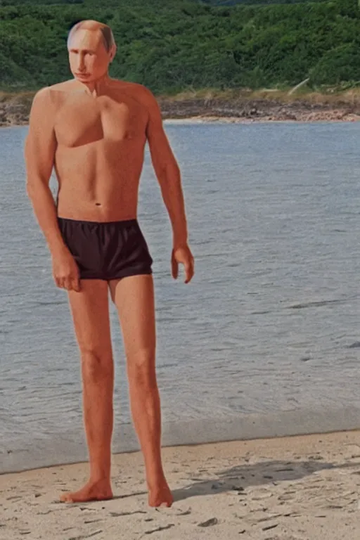 Image similar to Putin on a beach in shorts, full character, hyper realistic, highly detailed