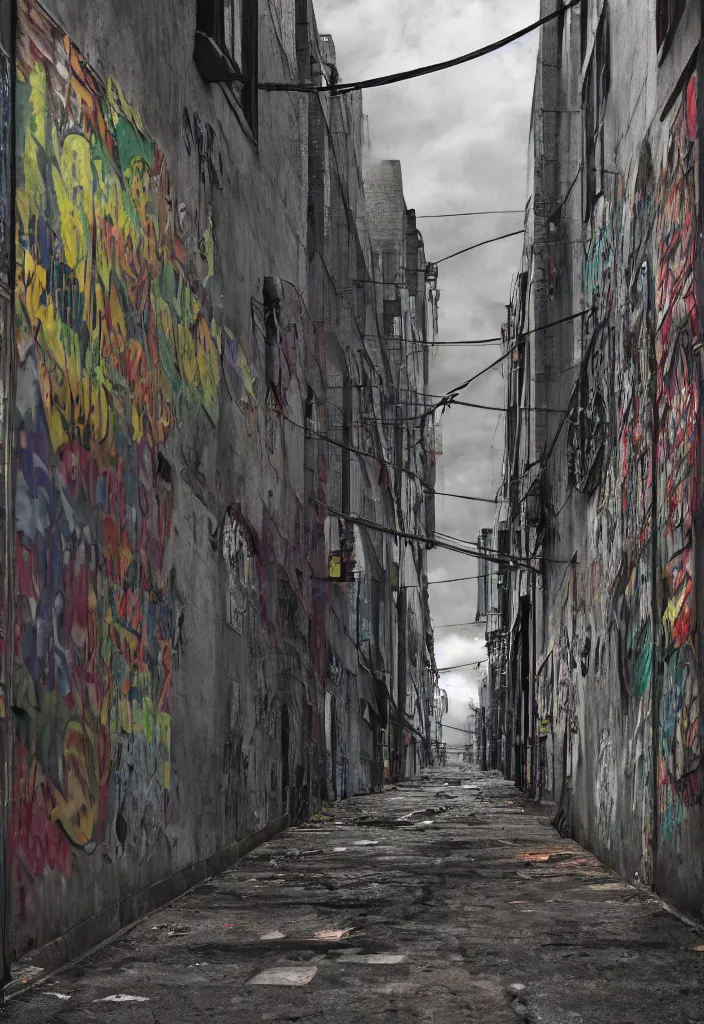 Prompt: looking down a claustrophobic urban alley with dumpsters graffiti and power lines in east vancouver, art by dora carrington, brutalism, hi res, unreal engine, 8 k, ultra - realistic, gritty, 1 0 0 mm, volumetric lighting, golden ratio, intricate detailed, jaw dropping, gorgeous, surreal, octane render