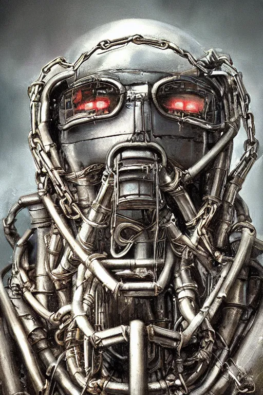 Prompt: Mech robot in chains portrait, by H.R. Giger, WLOP,