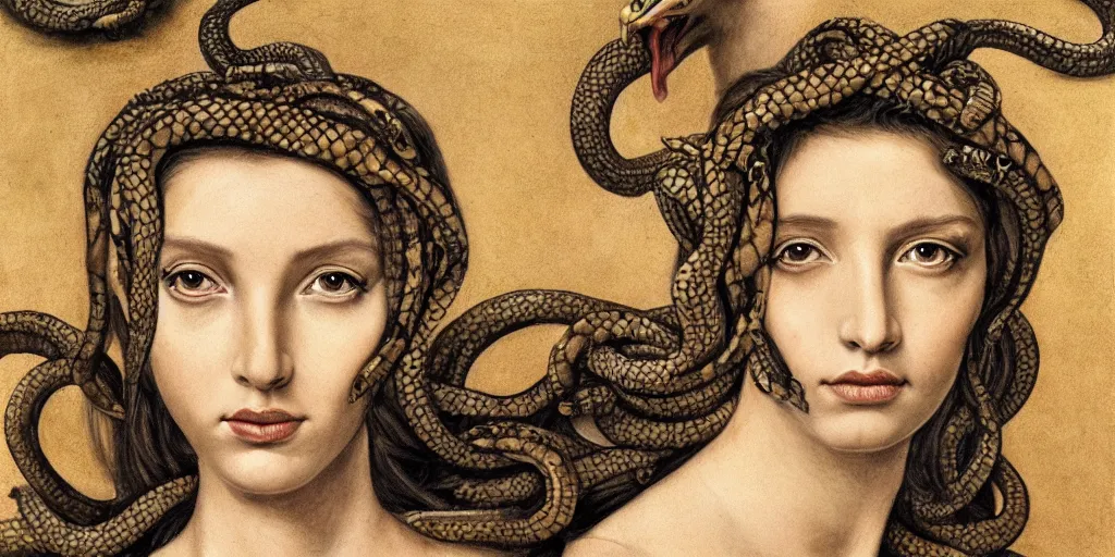 Image similar to realistic portrait of medusa with her snakes, golden, delicate, hyper realism, 1 4 5 0, ink, ultra realistic, 8 k