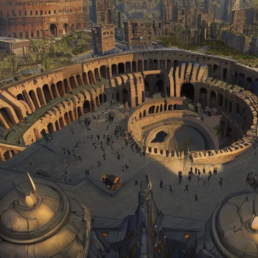 Prompt: busy d & d city that has a colosseum in its center, first person perspective, artstation