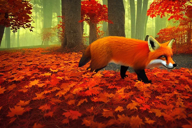 Image similar to super detailed color lowpoly art, red fox in an autumn maple forest, unreal engine, retrowave color palette, 3 d render, lowpoly, colorful, digital art, perspective