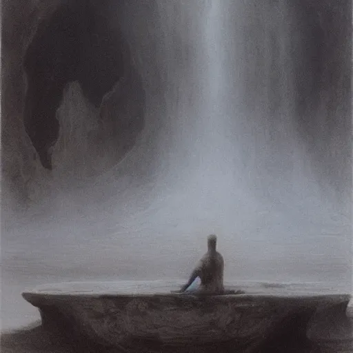 Image similar to a man sits at the edge of a river in the underworld in hades as he waits for the ferryman, charon, greek mythology, beksinski