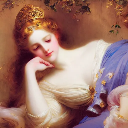 Image similar to blonde beautiful sleeping princess by Franz Xaver Winterhalter and Delphin Enjolras and Rebecca Guay