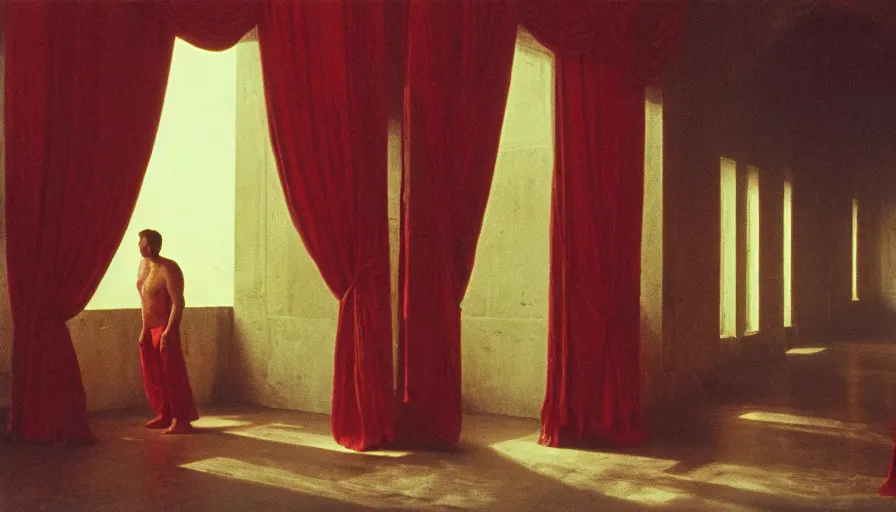 Prompt: 1 9 7 0 s andrei tarkovsky movie still of a man in red drapery in neoclassical building with waterfall and collums, by piranesi, cinestill 8 0 0 t 3 5 mm, panoramic, ultra wide lens, cinematic light, anamorphic