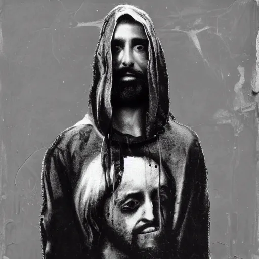 Image similar to jesus portrait wearing virgil abloh hoodie streetwear by nicola samori, off - white style