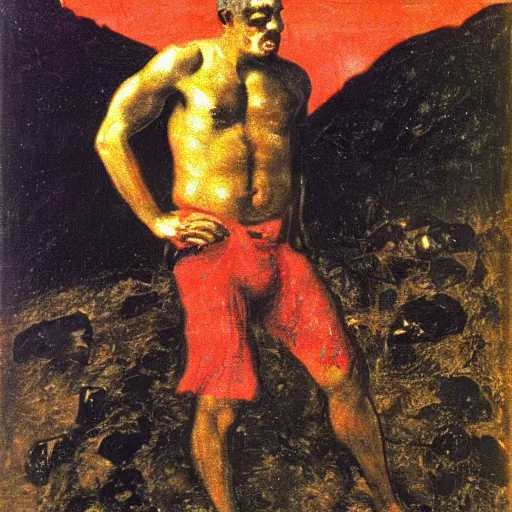 Image similar to Benjamin Netanyahu carrying large chunks of gold on his shoulders up a black mountain in hell, dark sky, by Franz Stuck