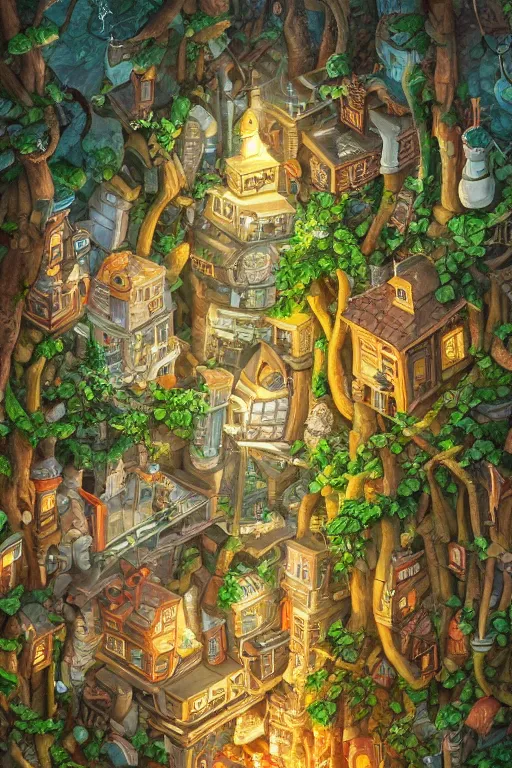 Image similar to a miniature city built into the trunk of a single colossal tree in the forest, with tiny people, in the style of cory loftis, lit windows, close - up, low angle, wide angle, awe - inspiring, highly detailed digital art