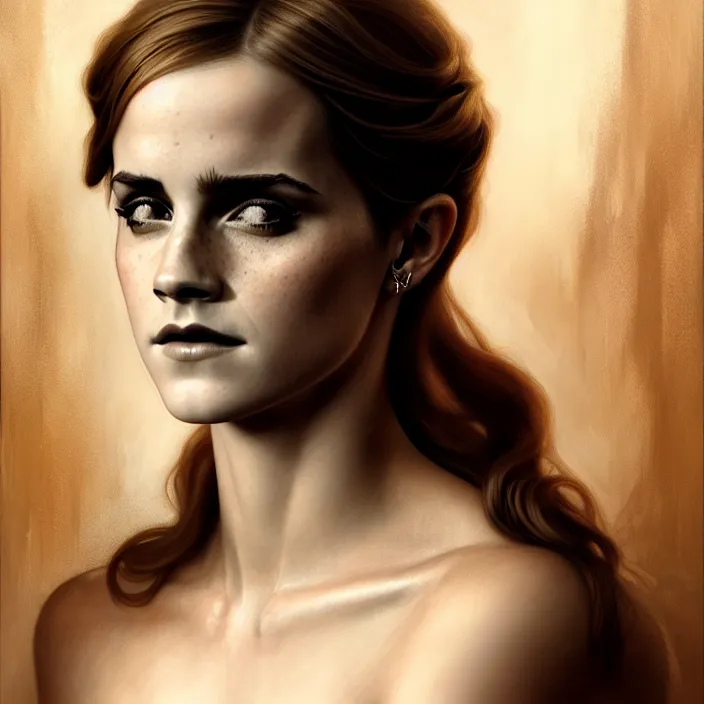 Prompt: ancient high queen emma watson, symetrical, diffuse lighting, fantasy, intricate, elegant, highly detailed, lifelike, photorealistic, digital painting, artstation, illustration, concept art, 4 k, smooth, sharp focus, art by john collier and albert aublet and krenz cushart and artem demura and alphonse mucha