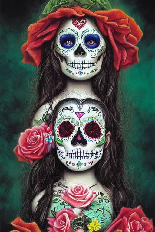 Prompt: Illustration of a sugar skull day of the dead girl, art by bob byerley