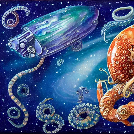 Image similar to painting of ornate space ship, nebulae background, nautilus, shell, tentacle, 4 0 k warhammer, shrimp, prawn