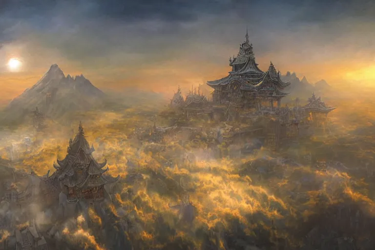 Prompt: fantasy painting, aerial view of an ancient land, sunset and ominous shadows over the kingdom, brutalist shiro himeji rivendell palace eden by jessica rossier and ( ( ( ( brian froud ) ) ) )