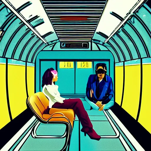 Prompt: lofi vaporwave retro futurism album artwork underground unknown artist sitting on a train