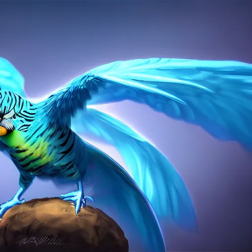 Image similar to an oil painting of a blue budgie with dragon wings, hd, hdr, ue 5, ue 6, unreal engine 5, cinematic 4 k wallpaper, 8 k, ultra detailed, high resolution, artstation, award winning