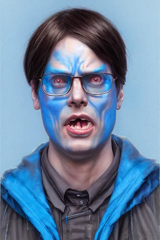 Image similar to Dwight Shrute as blue man. digital painting, artstation, concept art, smooth, sharp focus, illustration, art by artgerm and donato giancola and Joseph Christian Leyendecker, Ross Tran, WLOP