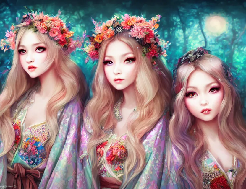 Image similar to two beautiful fashion siberian girls wear fantasy kimono in festival | | big eyes, sunny, dreamlike art, realistic shaded, smile, good looking, hyper details, 4 k realistic, cryengine, realistic shaded lighting poster by artgerm, ross tran, fuji choko, loish, 8 k resolution, trending on artstation, luxury