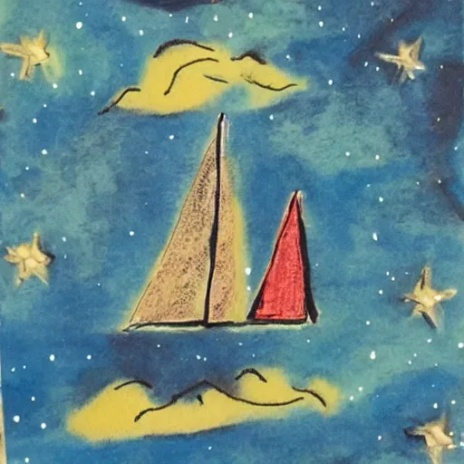 Image similar to a sailboat flying in the sky by night, mixed media, whimsical,