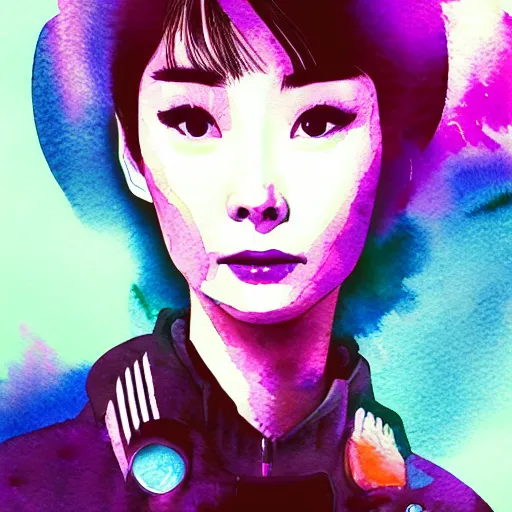 Prompt: korean audrey hepburn, intricate watercolor cyberpunk vaporwave portrait by tim doyle