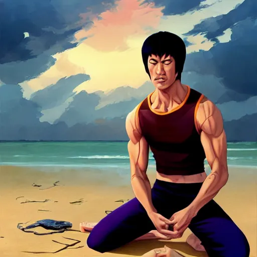 Prompt: bruce lee in lotus position on a beach background, behance hd by jesper ejsing, by rhads, makoto shinkai and lois van baarle, ilya kuvshinov, rossdraws global illumination radiating a glowing aura global illumination ray tracing hdr render in unreal engine 5