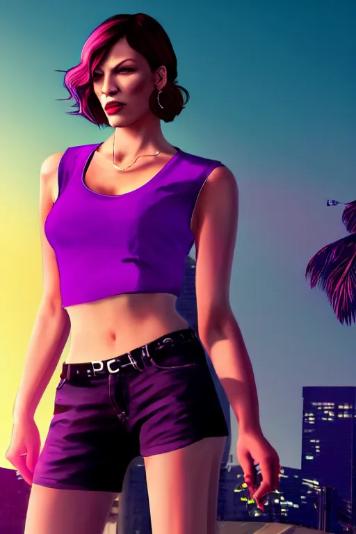 Image similar to a stunning GTA V loading screen Milla Jovovich with ombre purple pink hairstyle, hair blowing in the wind, hoop earrings, sunset mood, outrun, vaporware, retro, digital art, trending on artstation