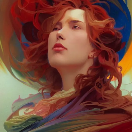 Image similar to swirling clouds in a stormy sky forming the shape of the face of a wise but stern old man. Colorful, reds, yellows, blues. Beautiful, dreamy digital art by Artgerm and Greg Rutkowski and Alphonse Mucha