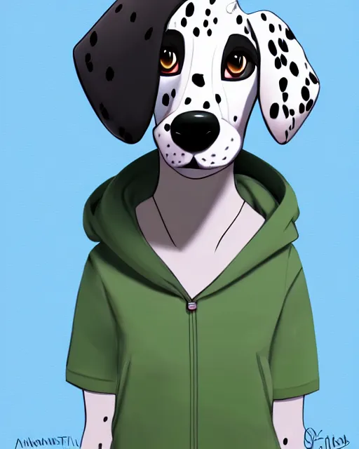 Image similar to digital painting full body of anthropomorphic furry female dalmatian dog, in style of zootopia, female fursona, furry, furaffinity, 4 k, deviantart, furry art, fursona art, wearing a black hoodie, dog fursona, female, cute detailed feminine face,