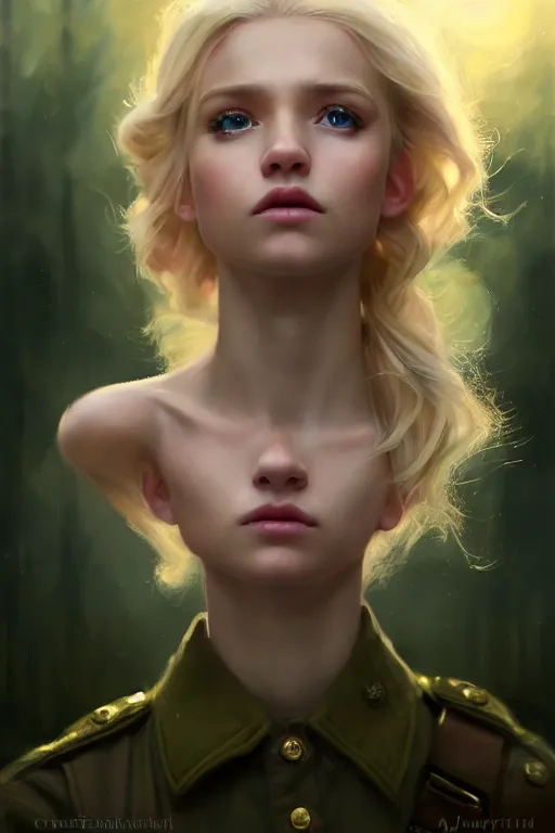 Image similar to cinematic shot of an epic portrait of a cute blonde fairy dressed in military clothes, stylised military clothes, shiny skin, beautiful eyes, beautiful, small details, night setting, realistic poster with volumetric light from jeremy lipkin and michael garmash, craig mallism, artgerm, unreal engine, radiant light, digital art, trends at art station, a masterpiece