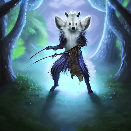 Image similar to Fairy Badger magus, Tzeentch, portrait, druid, nature, fairy, forest background, magic the gathering artwork, D&D, fantasy, cinematic lighting, centered, symmetrical, highly detailed, digital painting, artstation, concept art, smooth, sharp focus, illustration, volumetric lighting, epic Composition, 8k, art by Akihiko Yoshida and Greg Rutkowski and Craig Mullins, oil painting, cgsociety