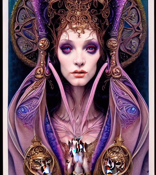 Image similar to symmetrical portrait, a beautiful female sorceress in dress, pretty, detailed and intricate, perfect body shape, perfect face, hypermaximalist, elegant, ornate, luxury, elite, matte painting, cinematic lighting, james jean, brian froud, wayne barlowe