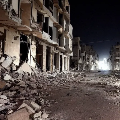 Image similar to pictures of bombed city in Syria at night, fire bombs nuke