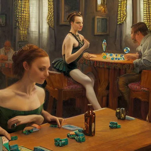 Image similar to a portrait of anthropomorphic ballerina sitting around a table in a tavern playing dice, furaffinity, by donato giancola and james gurney