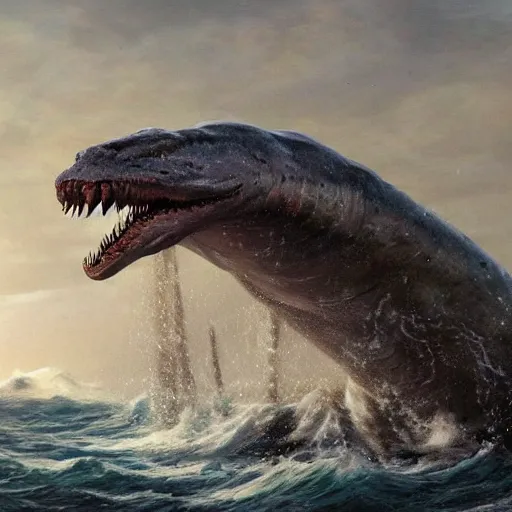 Image similar to hyper realistic sea monster with harpoons sticking out of it's skin