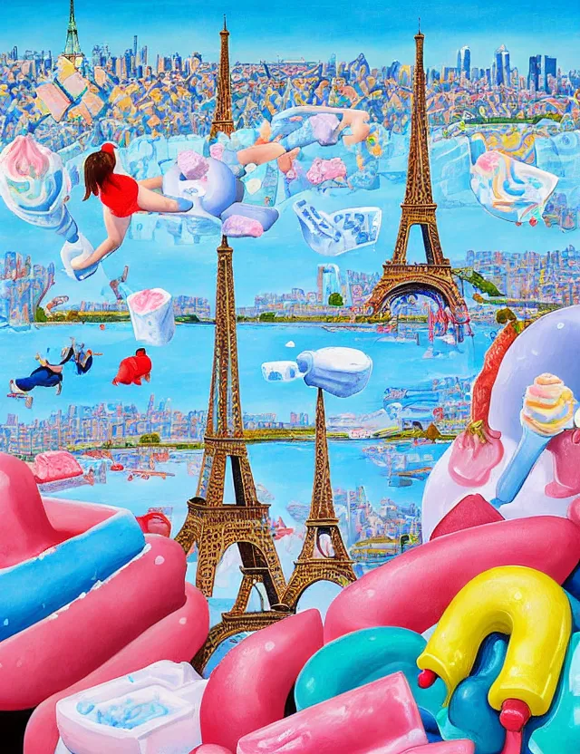 Prompt: a funny painting of ice sculptures made of icecream in the shape of the skyline of paris and eiffel tower on a very bright sunny summer day, very hot and the ice is melting fast and people are swimming their way through the icecream in the style of james jean and fernando botero