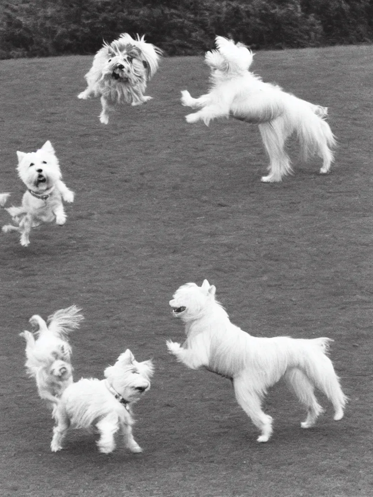 Image similar to a gray german spitz fights a white west highland terrier, disney style, 1 9 7 0 s