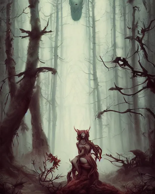 Prompt: portrait of a demon in a haunted forest by peter mohrbacher. photographic, photography. trending on artstation