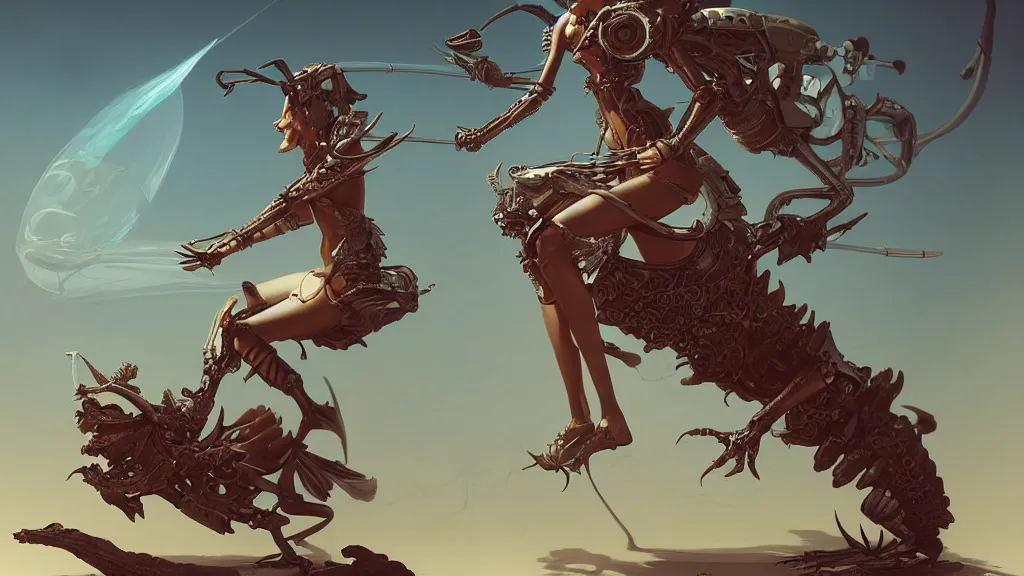 Image similar to a highly detailed 3 d render of futuristic woman riding a locust in the style of peter mohrbacher by weta digital