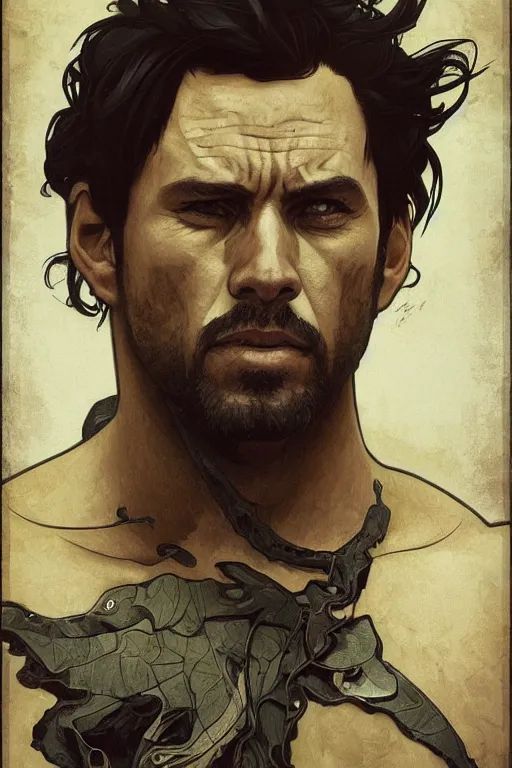 Image similar to very detailed portrait of a rugged man in his mid thirties, strong jaws, latino features, wearing a black t - shirt, earthy color scheme, by wlop and krenz cushart and artem demura and alphonse mucha and artgerm, historical fiction, detailed eyes, starry background, trending, on artstation.