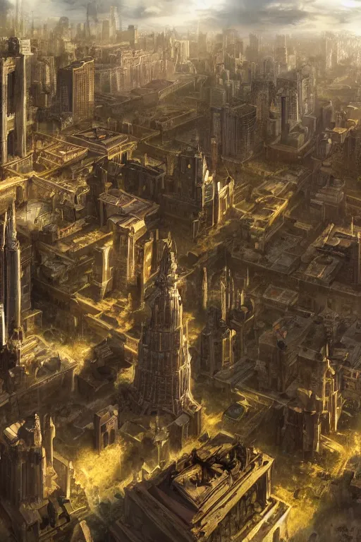 Image similar to gigantic city, adorned pillars, towers, landscape, alex ross, neal Adams, david finch, concept art, matte painting, highly detailed, rule of thirds, dynamic lighting, cinematic, detailed, denoised, centerd