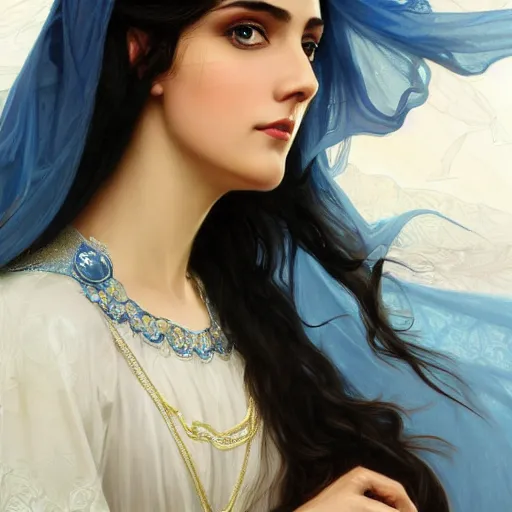 Image similar to ameera al taweel, bright blue eyes, long wavy black hair, white veil, front , highly detailed, digital painting, artstation, concept art, smooth, sharp focus, illustration, ArtStation, art by artgerm and greg rutkowski and alphonse mucha and J. C. Leyendecker and Edmund Blair Leighton