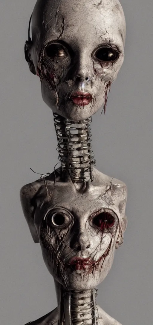 Image similar to old rotting mannequin staring at center of screen with wide large eyes, horror art, body horror, disturbing, intense, artstation, dramatic, scary, 4K, realistic,