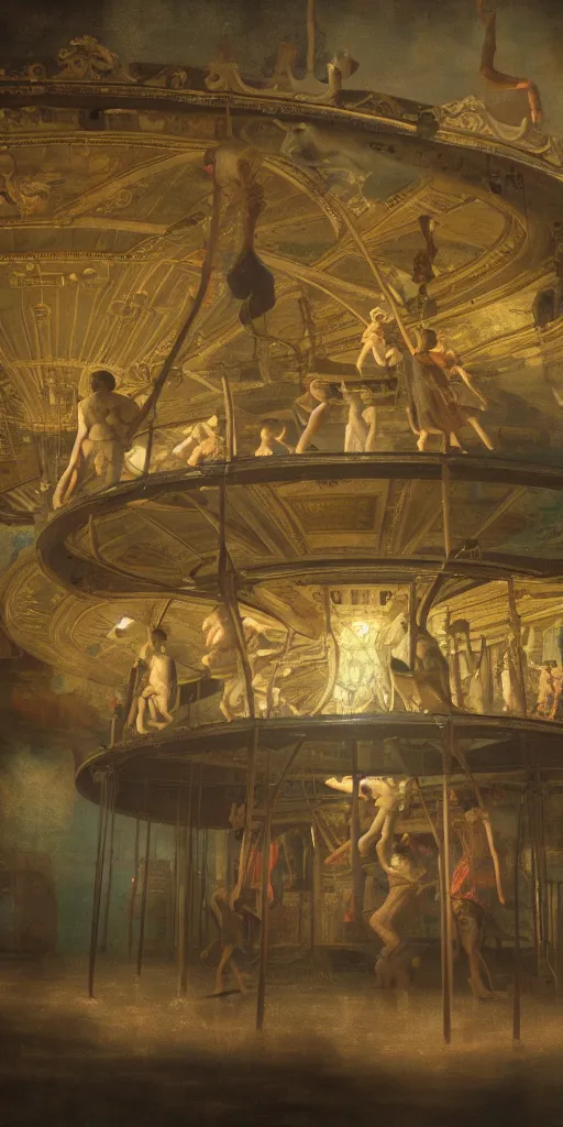 Prompt: a colorchrome shot of neoclassicism children in a detailed merry-go-round inside a old industrial flooded car factory with beautiful cinematic atmospheric lightning, style by Rembrandt rendered in unreal 8k