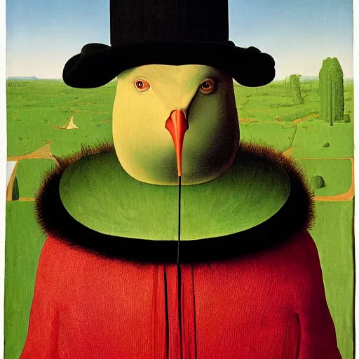 Image similar to portrait of a dramatic parot suffering, painting by Jan van Eyck, Audubon, Rene Magritte,