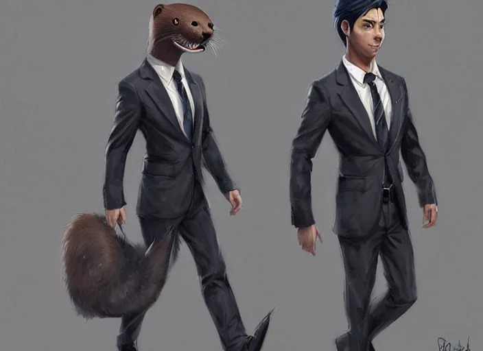 Image similar to well proportioned, stylized expressive master furry art painting by blotch and rukis of an anthro otter, headshot, wearing suit and tie, walking to his job character portrait feature stylized by charlie bowater, ross tran, artgerm, makoto shinkai, detailed, soft lighting, rendered in octane