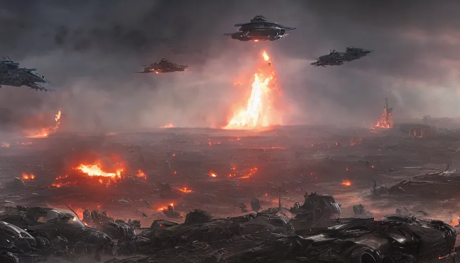 Prompt: Cinematic view of alien spaceships invade Earth with destroyed city, troops on the field, fire and ashes, smoke columns, helicopters and plane, hyperdetailed, artstation, cgsociety, 8k