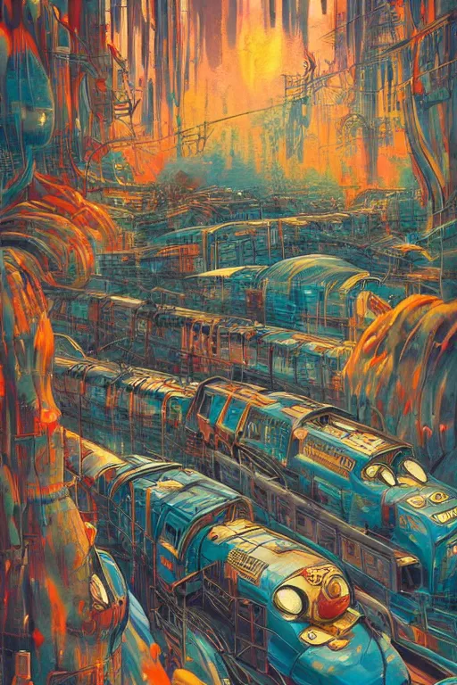 Image similar to trains covered in dripping graffiti paint, painterly, james jean, yoshitaka amano, hiroshi yoshida, moebius, loish, artgerm, painterly, symmetrical, ultra detailed, hyper realistic, illustration, sunset lighting