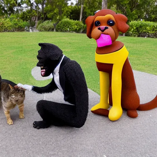 Prompt: Dog, cat and monkey in suits having business talk.