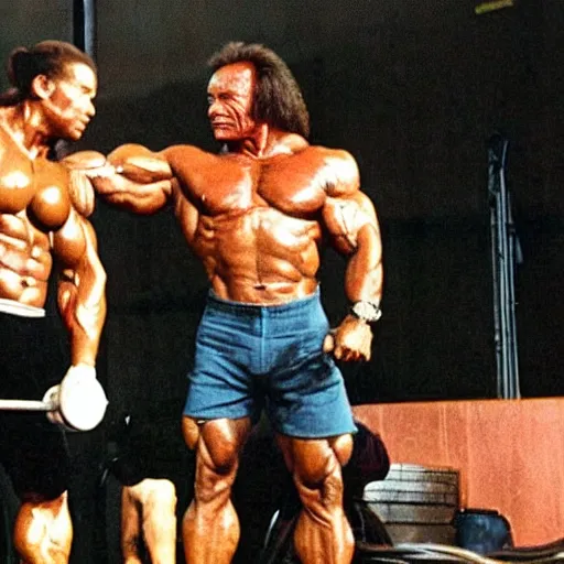 Image similar to predator and arnold schwarzenegger lifting weights together