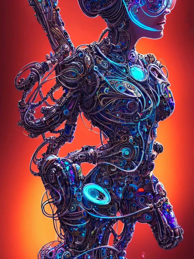 Prompt: full lenght shot woman in biomechanical dress, wearing epic bionic cyborg implants of different colors, detailed intricate ornate cables, by dan mumford, masterpiece, intricate, elegant futuristic wardrobe, highly detailed, artstation, concept art, background galaxy, cyberpunk colors, art by artgerm